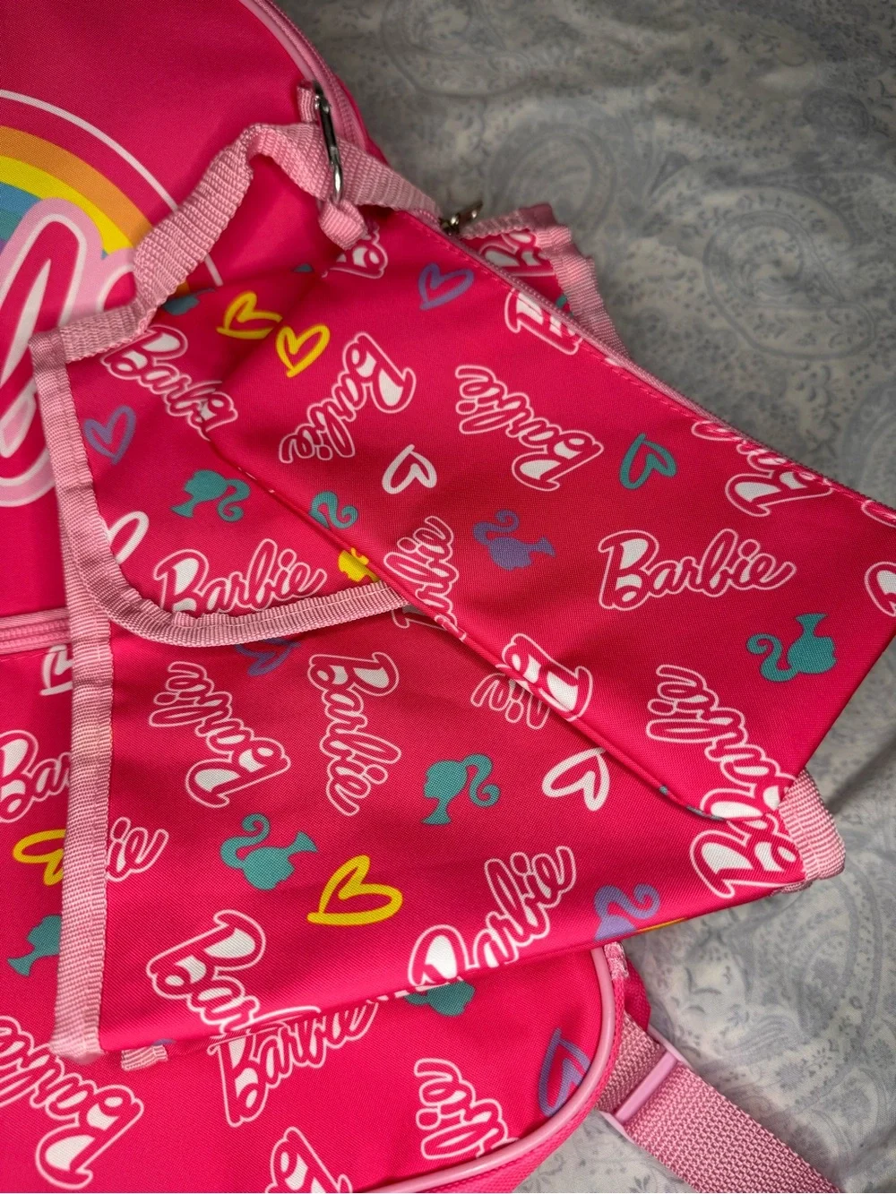 Barbie Hot Pink 5 piece Backpack Set- Matching Pouch, Lunch Bag, Bottle, Clip
